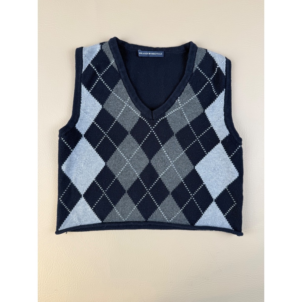 Preppy Argyle Sweater Vest V-Neck Cropped Navy Blue OS Brandy Melville